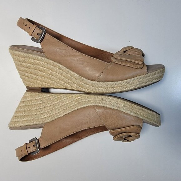 Franco Sarto Heels Womens 8 M Peep Toe Wedge Espadrille Tan Leather Slingback - Picture 6 of 7
